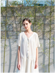 Relaxed Fit Linen Mini Dress with Button-Front Closure and Drop Waist for Effortless Style