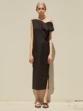 Asymmetrical Linen Midi Dress with Sculpted Neckline, Side Slit and Waist Tie Detail