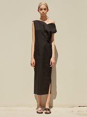 Asymmetrical Linen Midi Dress with Sculpted Neckline, Side Slit and Waist Tie Detail