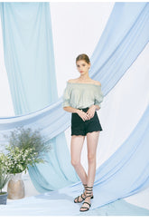 Off-Shoulder Linen Blouse for Women with Smocked Neckline and Puff Sleeves – Elegant Summer Top