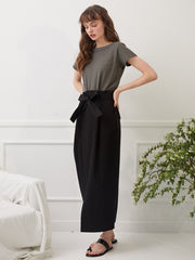 High-Waisted Linen Midi Skirt with Waist Tie and Front Slit for Sleek Tailored Styling