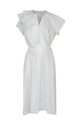 Ruffled Sleeve Wrap Linen Dress with Waist Tie and Flared Hemline for Elegant Style