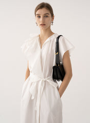Ruffled Sleeve Wrap Linen Dress with Waist Tie and Flared Hemline for Elegant Style
