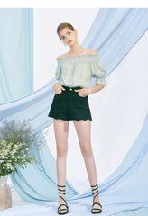 Off-Shoulder Linen Blouse for Women with Smocked Neckline and Puff Sleeves – Elegant Summer Top