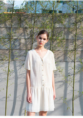 Relaxed Fit Linen Mini Dress with Button-Front Closure and Drop Waist for Effortless Style