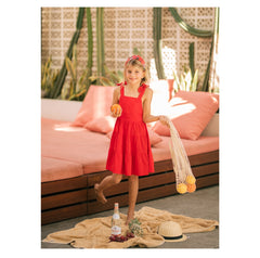 Linen Tiered Dress with Shoulder Ties and Square Neckline for Girls