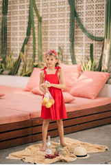 Linen Tiered Dress with Shoulder Ties and Square Neckline for Girls