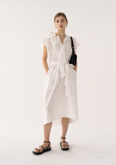 Ruffled Sleeve Wrap Linen Dress with Waist Tie and Flared Hemline for Elegant Style