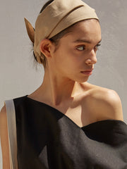 Asymmetrical Linen Midi Dress with Sculpted Neckline, Side Slit and Waist Tie Detail