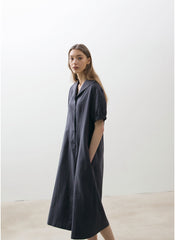 Linen Midi Dress with Short Puff Sleeves, Sailor Collar, and Relaxed A-Line Silhouette