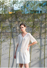 Relaxed Fit Linen Mini Dress with Button-Front Closure and Drop Waist for Effortless Style