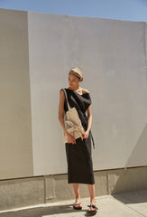 Asymmetrical Linen Midi Dress with Sculpted Neckline, Side Slit and Waist Tie Detail