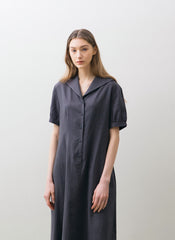 Linen Midi Dress with Short Puff Sleeves, Sailor Collar, and Relaxed A-Line Silhouette