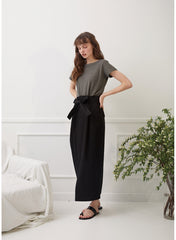 High-Waisted Linen Midi Skirt with Waist Tie and Front Slit for Sleek Tailored Styling