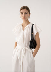 Ruffled Sleeve Wrap Linen Dress with Waist Tie and Flared Hemline for Elegant Style