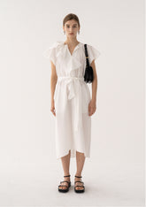 Ruffled Sleeve Wrap Linen Dress with Waist Tie and Flared Hemline for Elegant Style