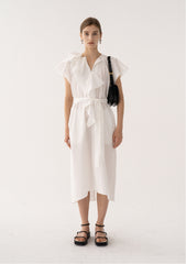 Ruffled Sleeve Wrap Linen Dress with Waist Tie and Flared Hemline for Elegant Style