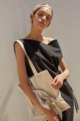 Asymmetrical Linen Midi Dress with Sculpted Neckline, Side Slit and Waist Tie Detail