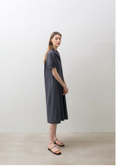 Linen Midi Dress with Short Puff Sleeves, Sailor Collar, and Relaxed A-Line Silhouette