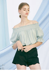 Off-Shoulder Linen Blouse for Women with Smocked Neckline and Puff Sleeves – Elegant Summer Top