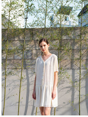 Relaxed Fit Linen Mini Dress with Button-Front Closure and Drop Waist for Effortless Style