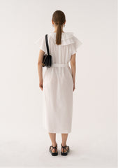 Ruffled Sleeve Wrap Linen Dress with Waist Tie and Flared Hemline for Elegant Style
