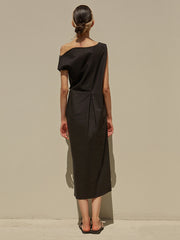 Asymmetrical Linen Midi Dress with Sculpted Neckline, Side Slit and Waist Tie Detail