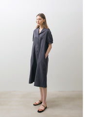 Linen Midi Dress with Short Puff Sleeves, Sailor Collar, and Relaxed A-Line Silhouette