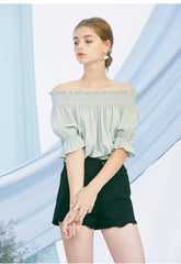 Off-Shoulder Linen Blouse for Women with Smocked Neckline and Puff Sleeves – Elegant Summer Top