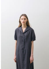Linen Midi Dress with Short Puff Sleeves, Sailor Collar, and Relaxed A-Line Silhouette