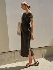 Asymmetrical Linen Midi Dress with Sculpted Neckline, Side Slit and Waist Tie Detail