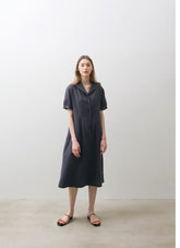 Linen Midi Dress with Short Puff Sleeves, Sailor Collar, and Relaxed A-Line Silhouette