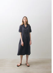 Linen Midi Dress with Short Puff Sleeves, Sailor Collar, and Relaxed A-Line Silhouette