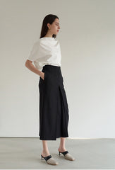 Linen Blend High-Waisted Midi Skirt with Front Center Vent and Sleek Tailored Silhouette