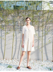 Relaxed Fit Linen Mini Dress with Button-Front Closure and Drop Waist for Effortless Style