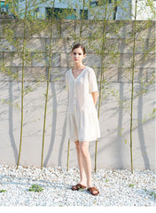 Relaxed Fit Linen Mini Dress with Button-Front Closure and Drop Waist for Effortless Style