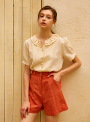 Short-Sleeve Linen Blouse for Women with Pleated Collar and Button Front – Lightweight Summer Top