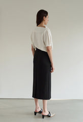 Linen Blend High-Waisted Midi Skirt with Front Center Vent and Sleek Tailored Silhouette