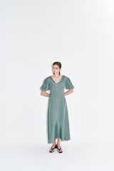 Silk Midi Dress for Women with Puff Short Sleeves and Scoop Neckline – Flared Skirt and Tailored Fit