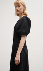 Square Neck Linen Midi Dress with Puff Sleeves and Button-Front Flared Silhouette