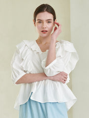 Ruffled Linen Blouse with Puff Sleeves and Peplum Hem – Lightweight Summer Top
