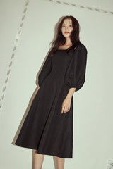 Linen Puff Sleeve Midi Dress with Square Neckline and Flared Hem