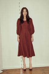 Square Neck Linen Midi Dress with Puff Sleeves and Flared Skirt