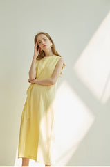 Sleeveless Midi Linen Dress for Women with Side Tie Detail and Back Keyhole Closure