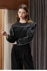 Elegant Linen Blouse with Structured Sleeves and Contrast Piping – Premium Women's Shirt Top