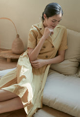 Short Sleeve Pleated Midi Linen Dress with Double-Breasted Front and Tailored Lapel Collar