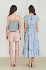 Cotton Poplin Midi Dress with Tiered Skirt and Belted Waist – Cap Sleeve Summer Essential