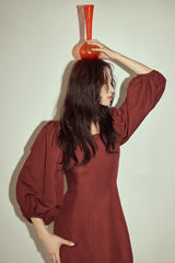 Square Neck Linen Midi Dress with Puff Sleeves and Flared Skirt