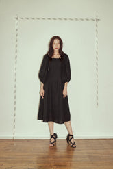 Linen Puff Sleeve Midi Dress with Square Neckline and Flared Hem