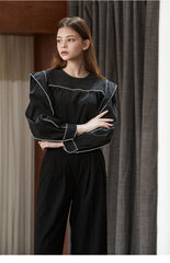 Elegant Linen Blouse with Structured Sleeves and Contrast Piping – Premium Women's Shirt Top